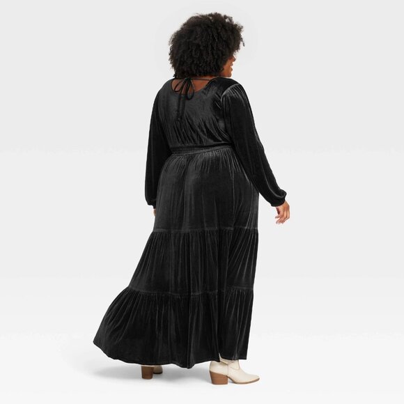 1X - Womens Long Sleeve Velvet A-Line Dress - Knox Rose - Black - Picture 6 of 6